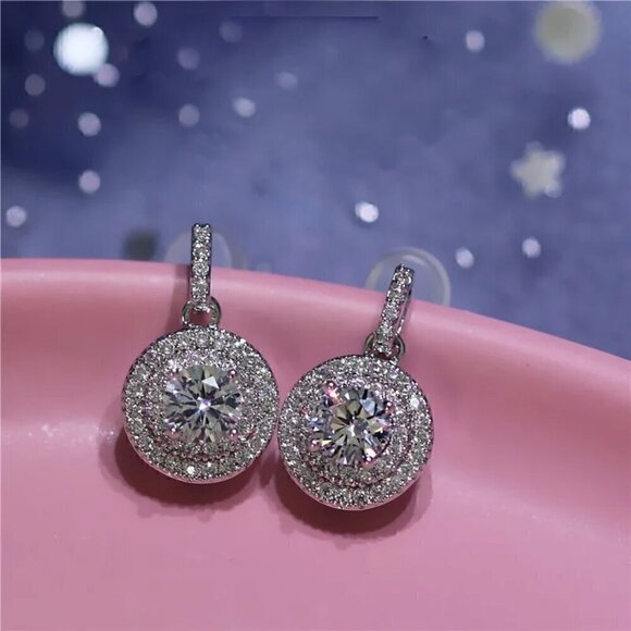 NWT Round Drop Stud Earrings 14K White Gold Plated Cubic Zirconia Double Halo - Picture 2 of 11